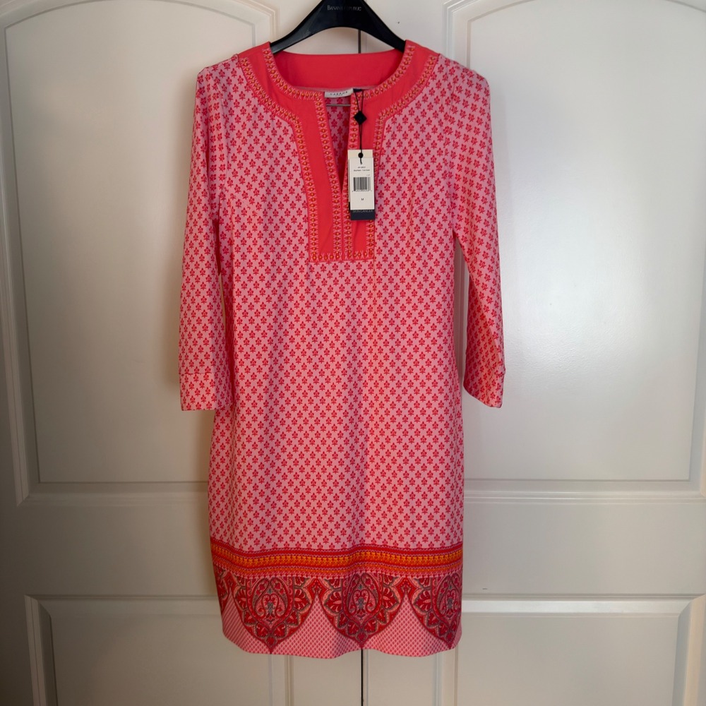 Cabana Life Boca Raton Tunic Dress Pink Orange Beaded UPF 50+ 491-BR23 Med NWT